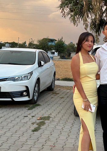 Sarı Straplez Uzun Abiye Elbise
