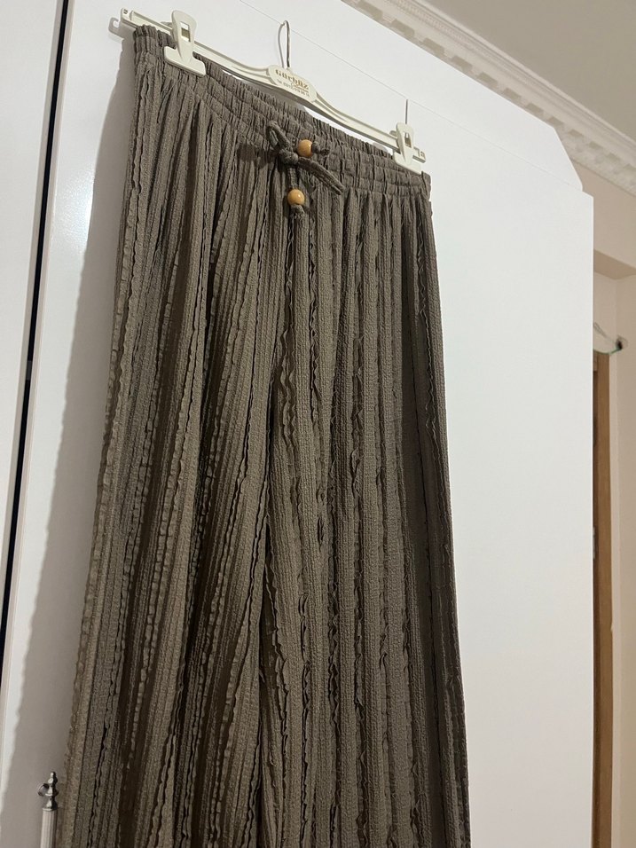 Kadın füme  Piliseli Keten Bol Pantolon - Görsel 2