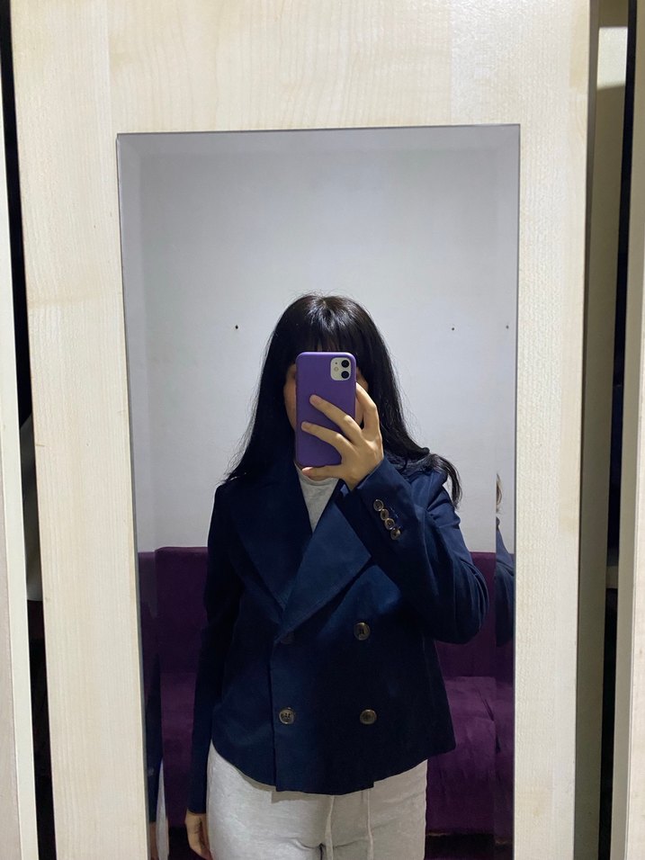 Düğmeli Lacivert Midi Kadın Keten Kaban - Görsel 4