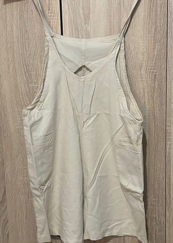 Bej Keten Midi Kısa Salopet - Görsel 2