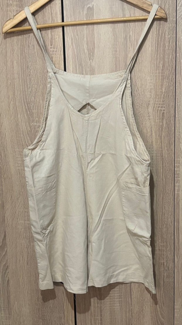 Bej Keten Midi Kısa Salopet - Görsel 2