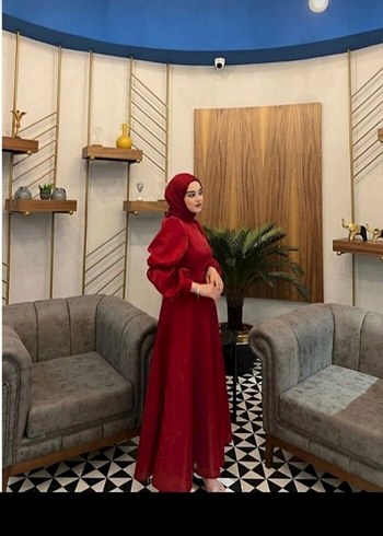Kırmızı Uzun Kollu Drapeli Tesettür Elbise - Görsel 2