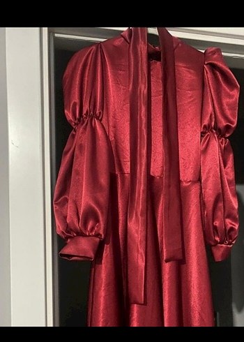 Kırmızı Uzun Kollu Drapeli Tesettür Elbise - Görsel 3