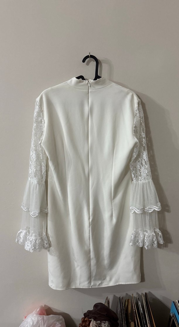 Kadın Beyaz Midi Uzun Kollu Tül Detaylı Elbise - Görsel 2