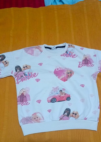 5 Yaş Beden Beyaz Barbie Baskılı Örme Kız Eşofman Takımı