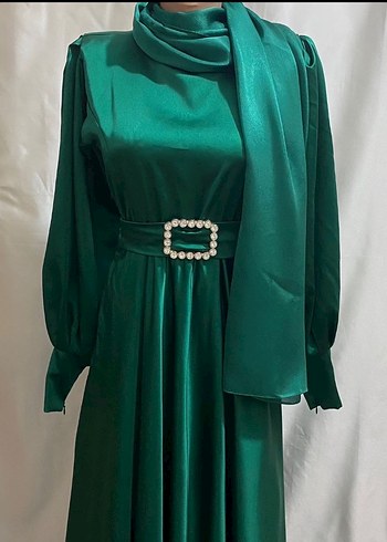 Yeşil Uzun Kollu Drapeli Abiye Elbise - Görsel 2