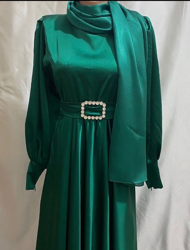 Yeşil Uzun Kollu Drapeli Abiye Elbise - Görsel 2