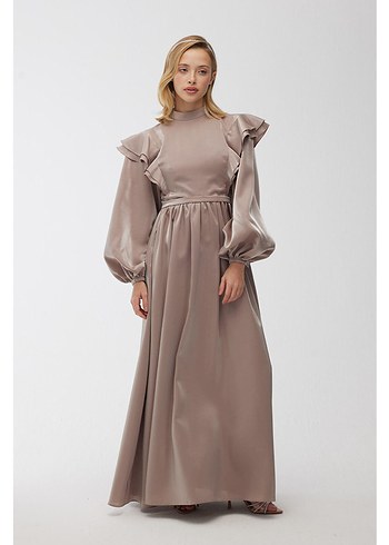 Bej Uzun Kollu Drapeli Kadın Elbise manuka - Görsel 5