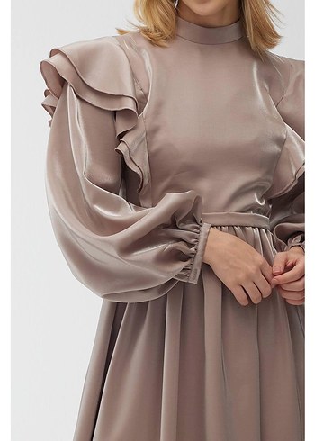 Bej Uzun Kollu Drapeli Kadın Elbise manuka - Görsel 4