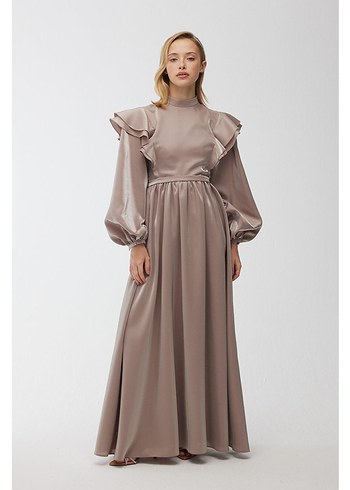 Bej Uzun Kollu Drapeli Kadın Elbise manuka - Görsel 2