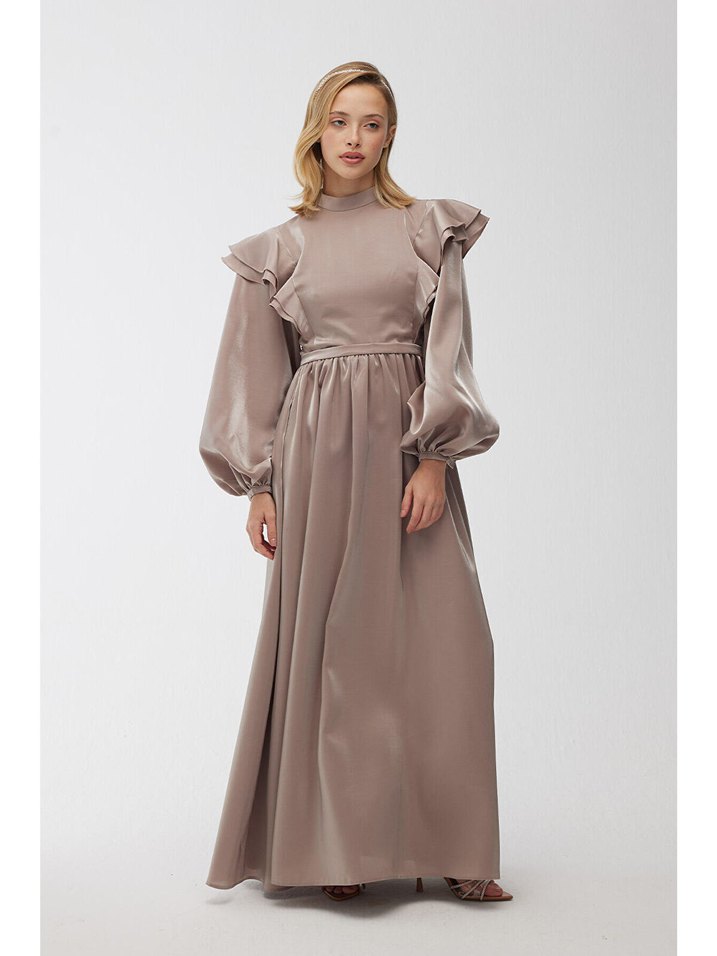 Bej Uzun Kollu Drapeli Kadın Elbise manuka - Görsel 5