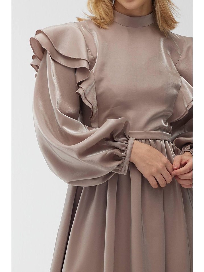 Bej Uzun Kollu Drapeli Kadın Elbise manuka - Görsel 4