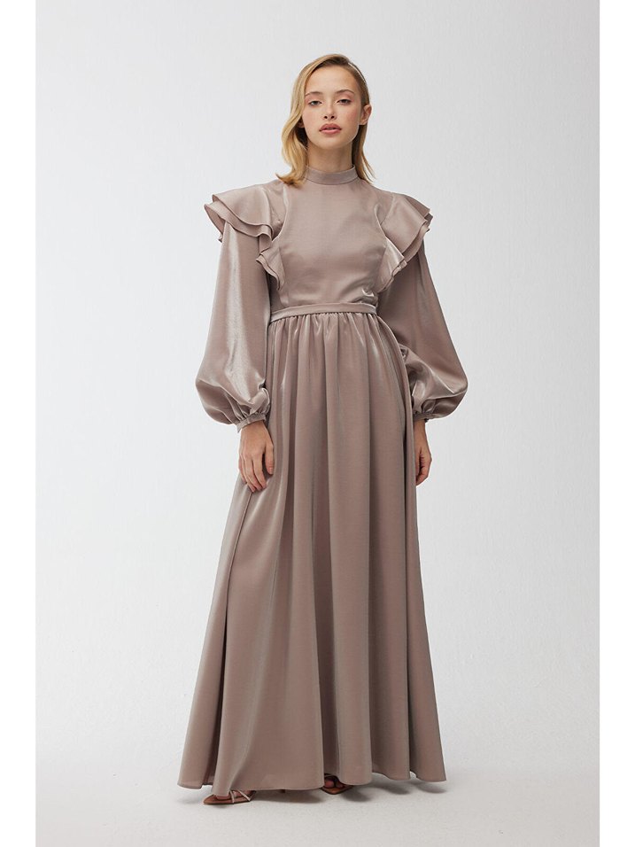 Bej Uzun Kollu Drapeli Kadın Elbise manuka - Görsel 2