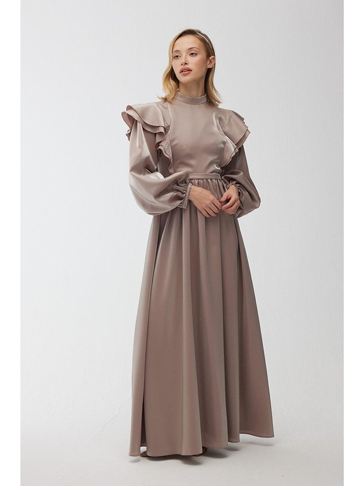 Bej Uzun Kollu Drapeli Kadın Elbise manuka - Görsel 3