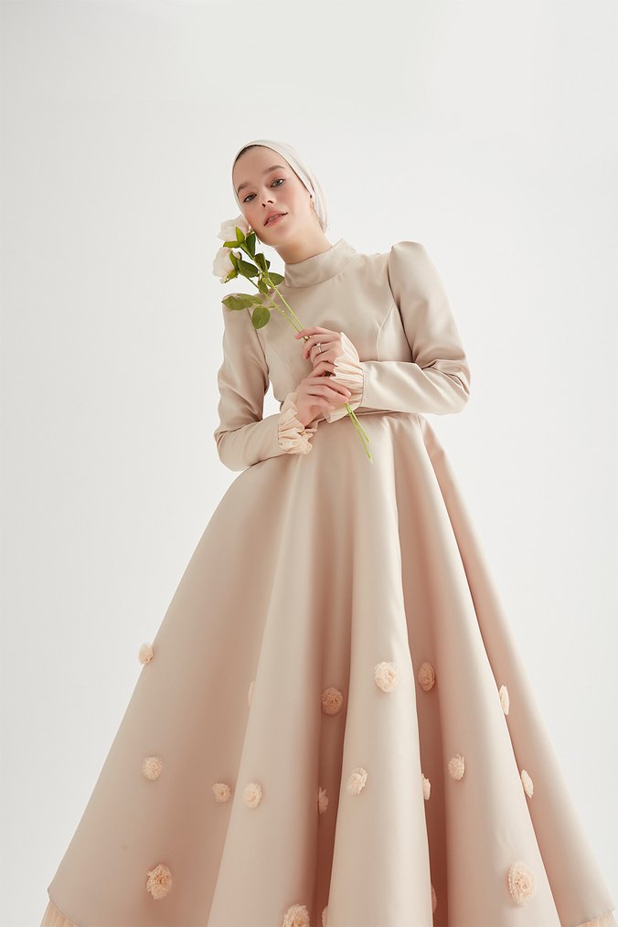 Bej İşlemeli Uzun Kol Abiye Elbise - Görsel 3