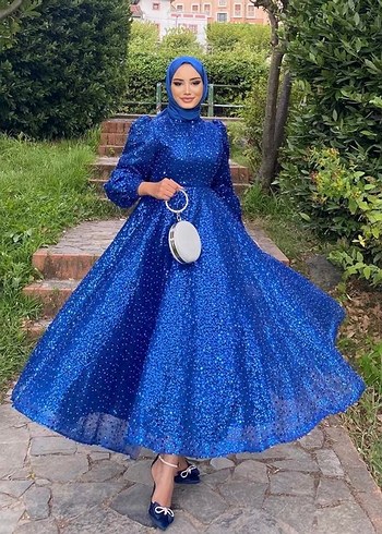 Uzun Kollu Parlak Mavi Abiye Elbise - Görsel 4