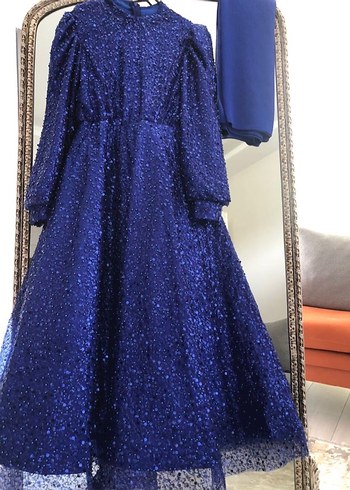 Uzun Kollu Parlak Mavi Abiye Elbise - Görsel 2