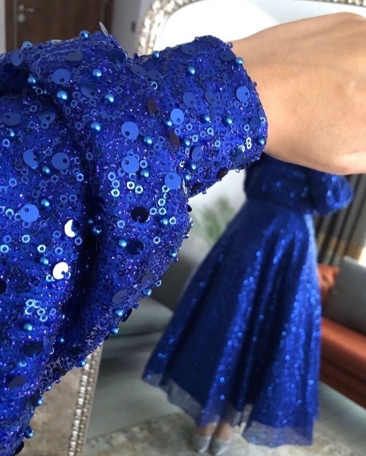 Uzun Kollu Parlak Mavi Abiye Elbise - Görsel 3