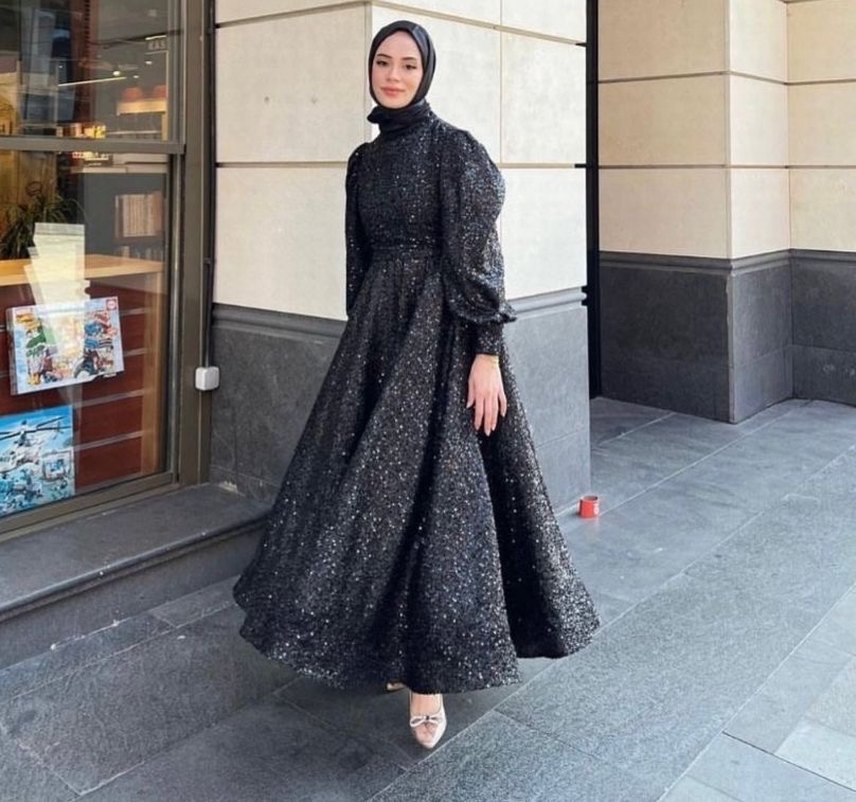 Uzun Parlak Siyah Tesettür Abiye Elbise - Görsel 2