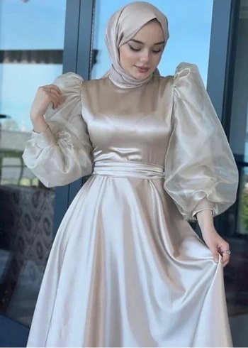 Bej Drapeli Uzun Abiye Elbise - Görsel 2