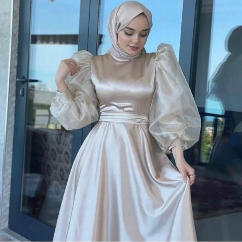 Bej Drapeli Uzun Abiye Elbise - Görsel 2