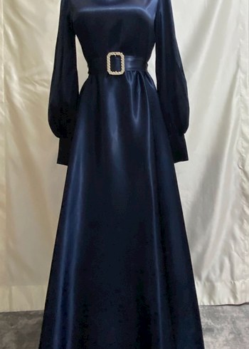 Uzun Kollu Lacivert Saten Kadın Elbise - Görsel 2