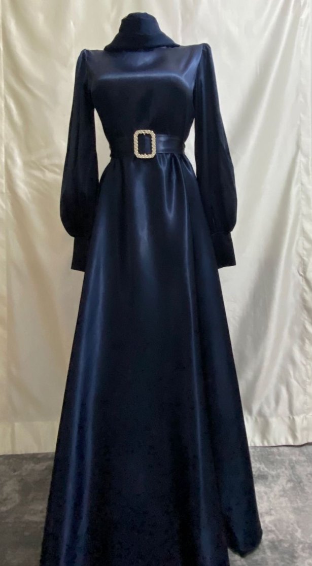 Uzun Kollu Lacivert Saten Kadın Elbise - Görsel 2