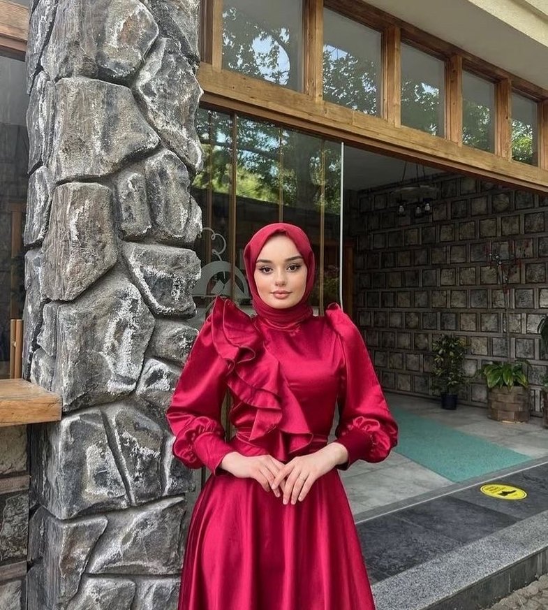 Parlak Pembe Uzun Kollu Tesettür Abiye - Görsel 2