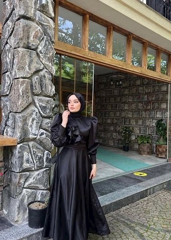 Siyah Uzun Drapeli Kadın Elbise - Görsel 2