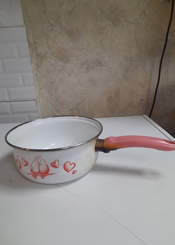 Emaye pastel Pembe Saplı Beyaz Sos Tenceresi - Görsel 2