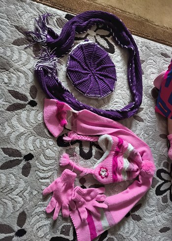 5-8 Yaş, 22 cm Beden Diger Mor Örgü Çocuk Bere ve Atkı Seti