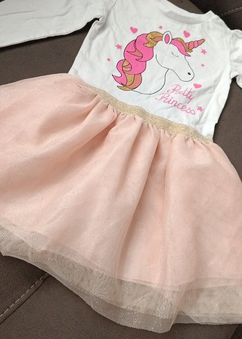 Kız Çocuk Pembe Uzun Kollu Unicorn Elbise - Görsel 2