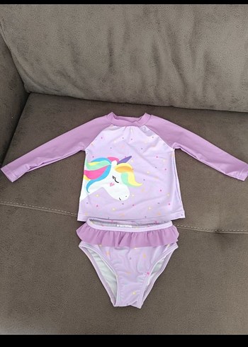 Uzun Kollu Mor Unicorn Desenli Kız Mayo