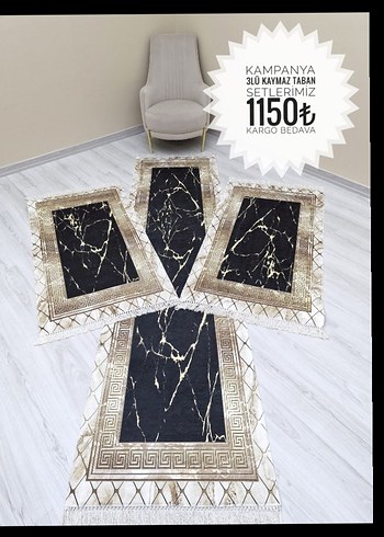 Beden çeşitli Renk Kahverengi Kareli Kaymaz Tabanlı Halı Seti