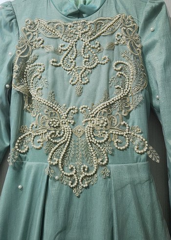 Uzun su yeşili inci detaylı Abiye Elbise - Görsel 5