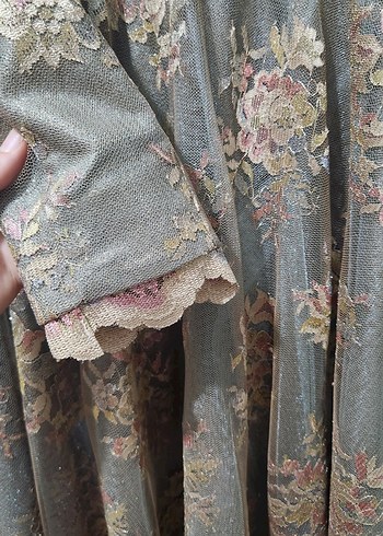 Uzun Kollu Dantelli Bronz Vintage Abiye - Görsel 5