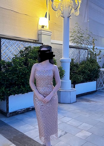 Bej Gold Straplez Midi Abiye Elbise