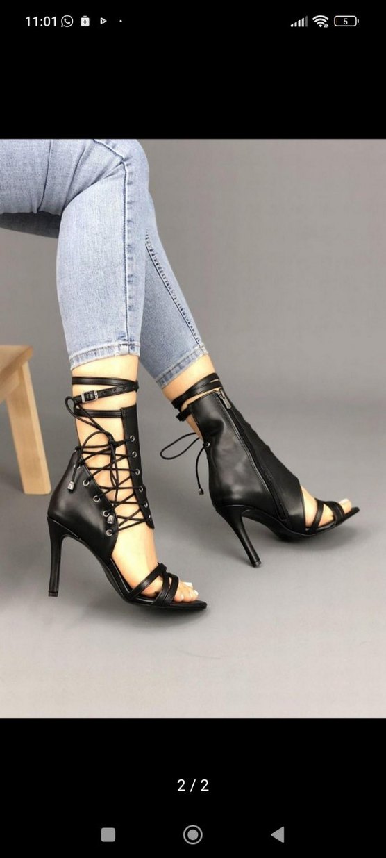 Bej Deri Bağcıklı Stiletto Topuklu Kadın Ayakkabı - Görsel 2