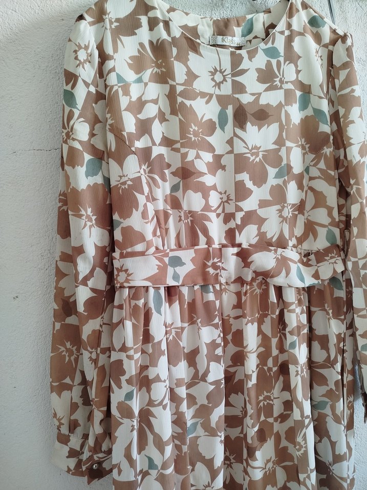 Bej Bohem Uzun Kollu Salaş Elbise - Görsel 2