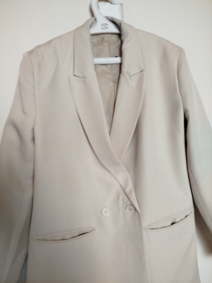 Bej Düğmeli Kadın Keten Blazer Ceket - Görsel 2