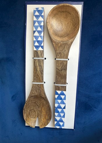 Mavi Desenli Ahşap Servis Kaşık Seti - Görsel 2