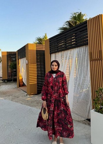 Bordo Batik Desenli Uzun Salaş Elbise
