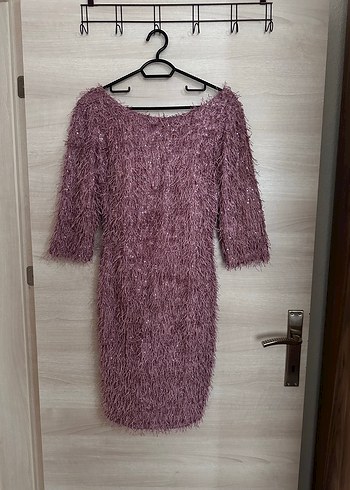 Pembe Tüylü Bohem Midi Kadın Triko Elbise