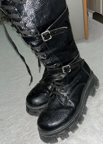 Kadın Siyah Deri Goth Platform Tokalı Bot - Görsel 4