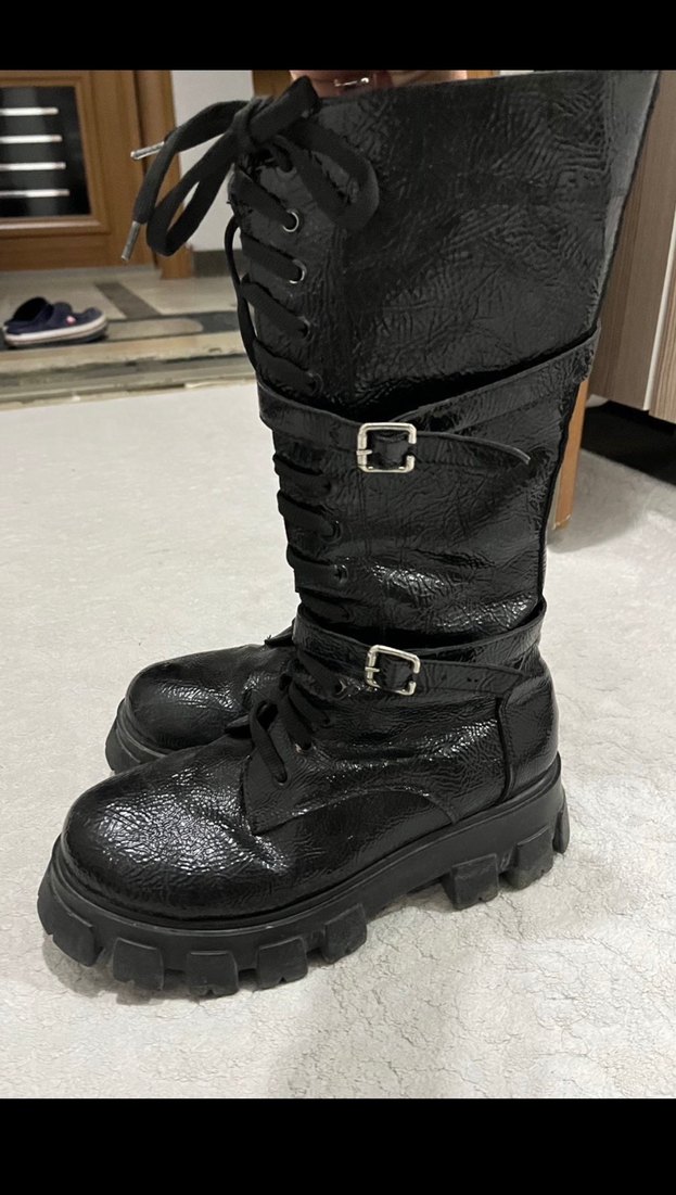 Kadın Siyah Deri Goth Platform Tokalı Bot - Görsel 2