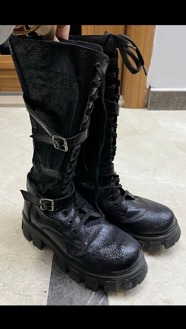 Kadın Siyah Deri Goth Platform Tokalı Bot - Görsel 3