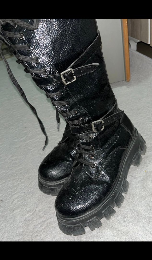 Kadın Siyah Deri Goth Platform Tokalı Bot - Görsel 4
