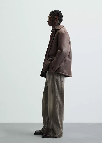 Zara Düğmeli Kahverengi Erkek Suni Deri Ceket - Görsel 5