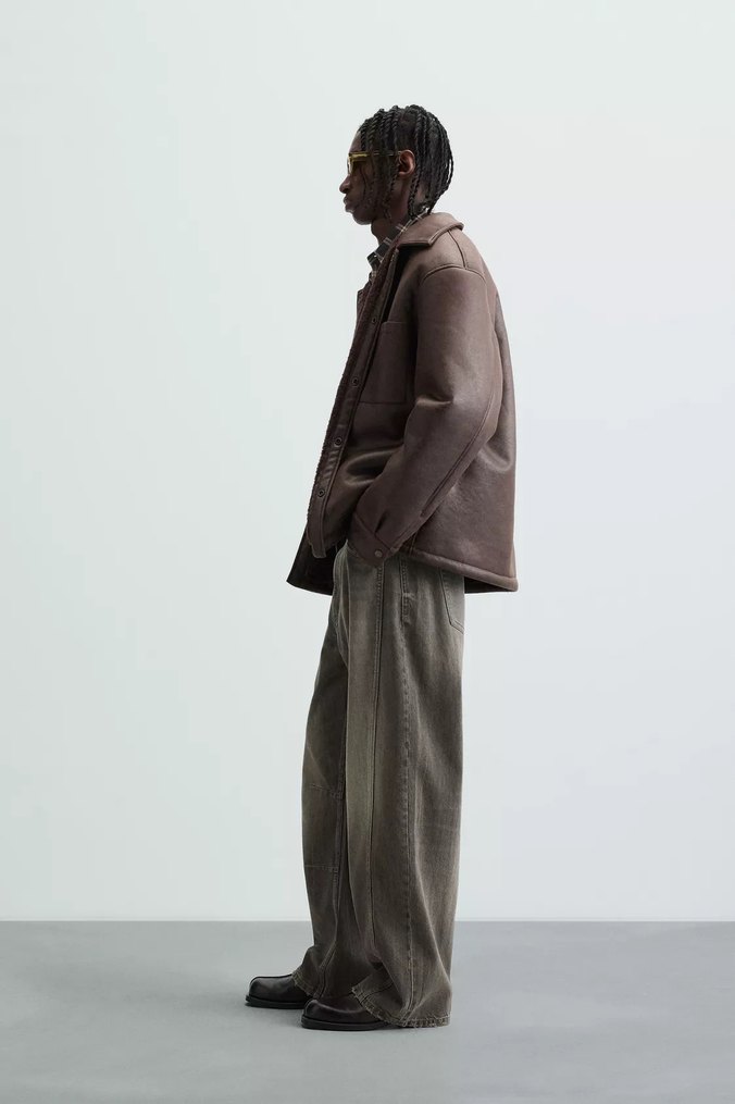 Zara Düğmeli Kahverengi Erkek Suni Deri Ceket - Görsel 5