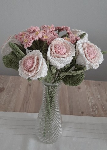 Pembe El Örgüsü gül mine cicegi 6 adet gülle birlikte - Görsel 3